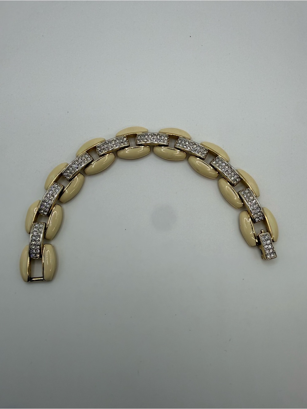 Vintage Signed Swarovski Cream Enamel Pavé Crystal Gold Tone Link Bracelet
